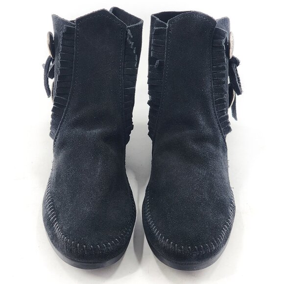 MINNETONKA NWOB Two Button Suede Western Moccasin Booties Black - Picture 3 of 6